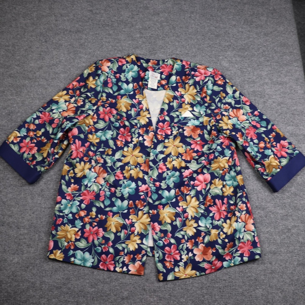 in cinq Blazer Womens 24WP Plus Navy Blue Floral Open Front 3/4‎ Sleeve Made USA